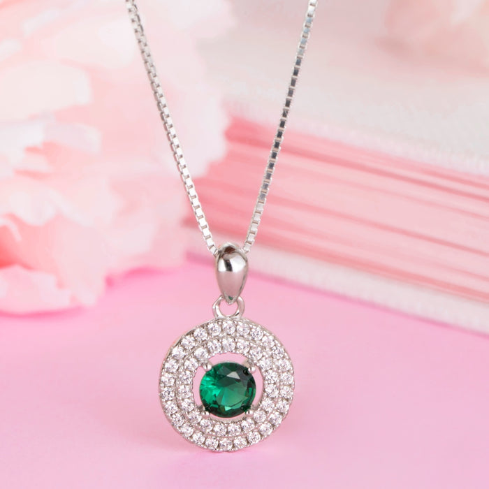 Radiant Rhodium Circle of Sparkle with Green CZ 925 Sterling Silver Pendant with Chain