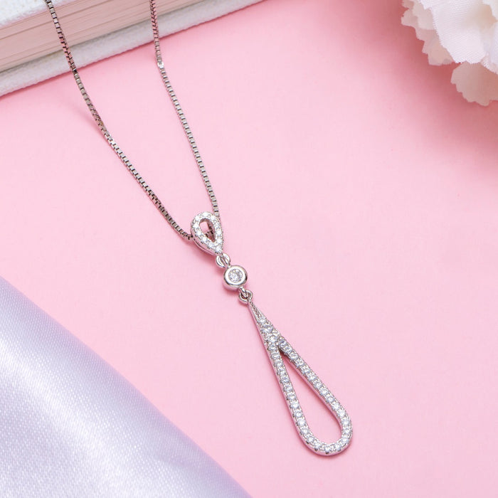 Radiant Rhodium Elegance CZ Sterling Silver Drop Pendant with Chain