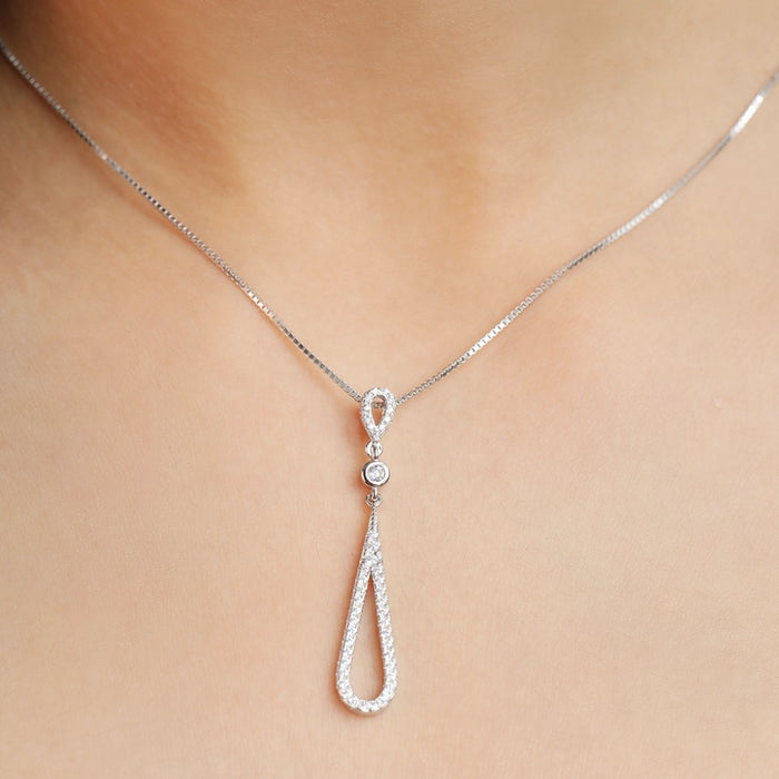 Radiant Rhodium Elegance CZ Sterling Silver Drop Pendant with Chain