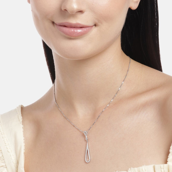 Radiant Rhodium Elegance CZ Sterling Silver Drop Pendant with Chain