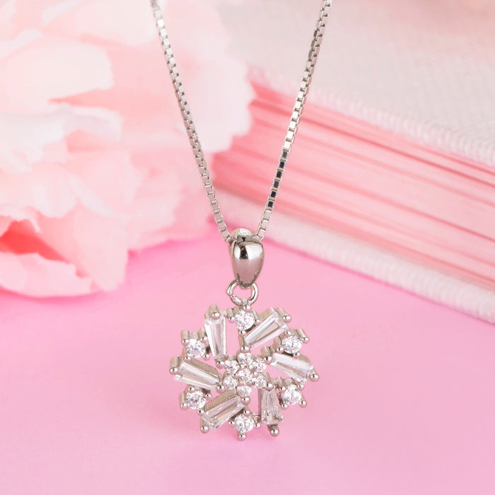 Radiant Rhodium-Plated Floral Fantasy CZ Sterling Silver Pendant with Chain
