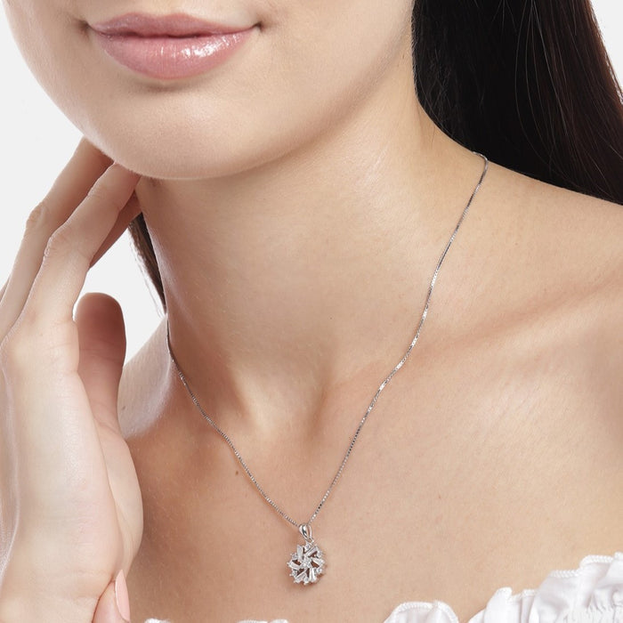 Radiant Rhodium-Plated Floral Fantasy CZ Sterling Silver Pendant with Chain