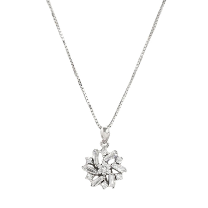 Radiant Rhodium-Plated Floral Fantasy CZ Sterling Silver Pendant with Chain