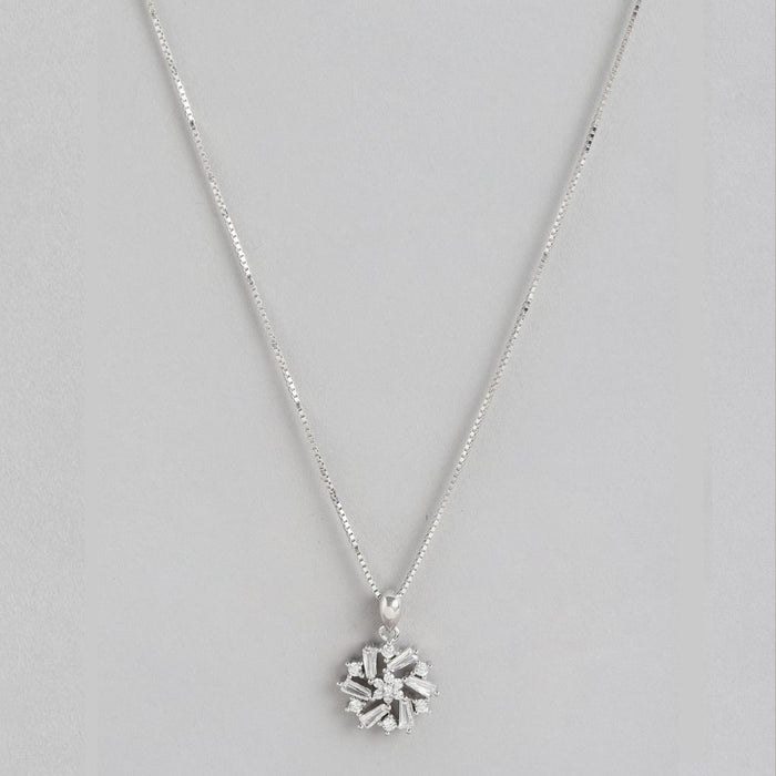 Radiant Rhodium-Plated Floral Fantasy CZ Sterling Silver Pendant with Chain