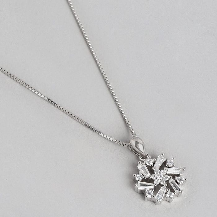 Radiant Rhodium-Plated Floral Fantasy CZ Sterling Silver Pendant with Chain