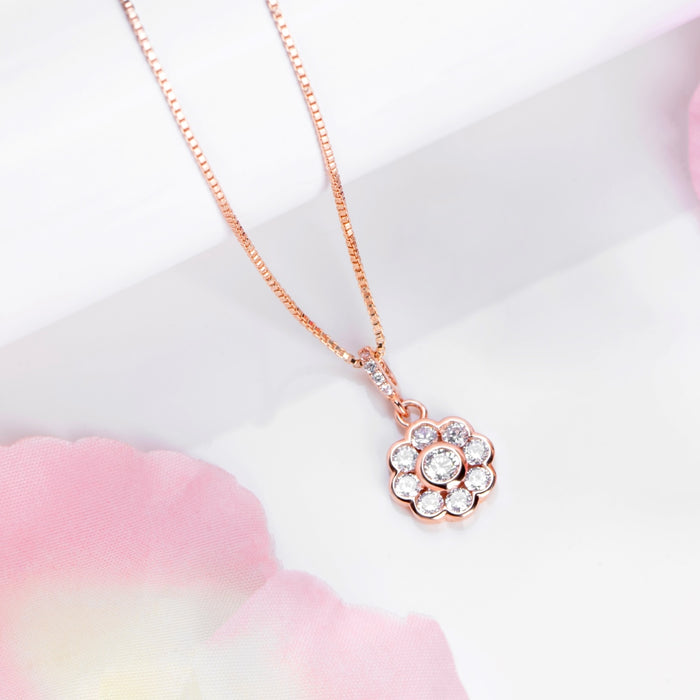 Radiant Rose Gold Blooming Blossom CZ Sterling Silver Pendant with Chain