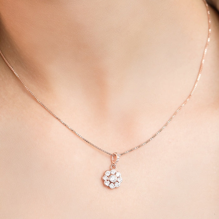 Radiant Rose Gold Blooming Blossom CZ Sterling Silver Pendant with Chain