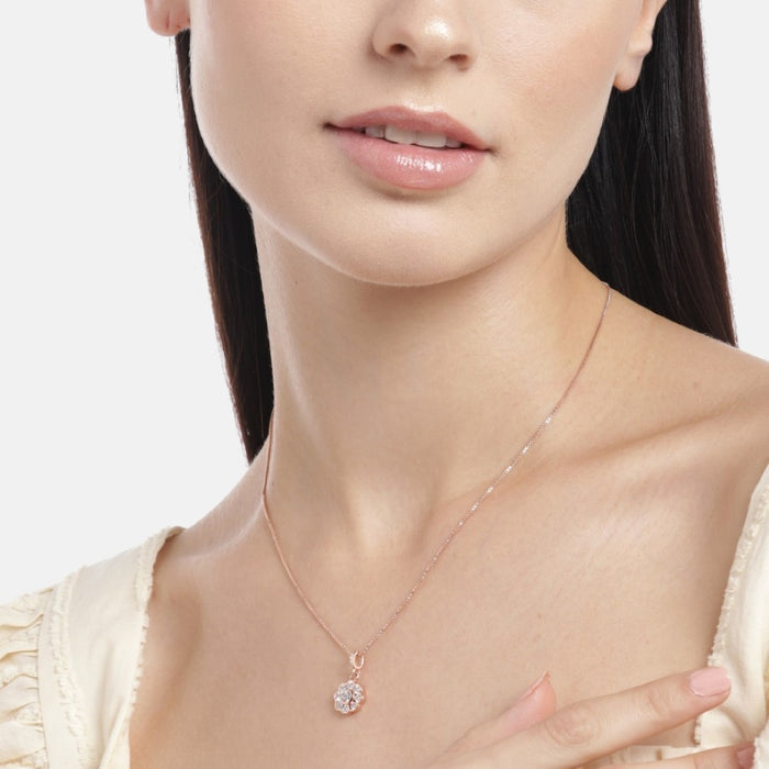 Radiant Rose Gold Blooming Blossom CZ Sterling Silver Pendant with Chain