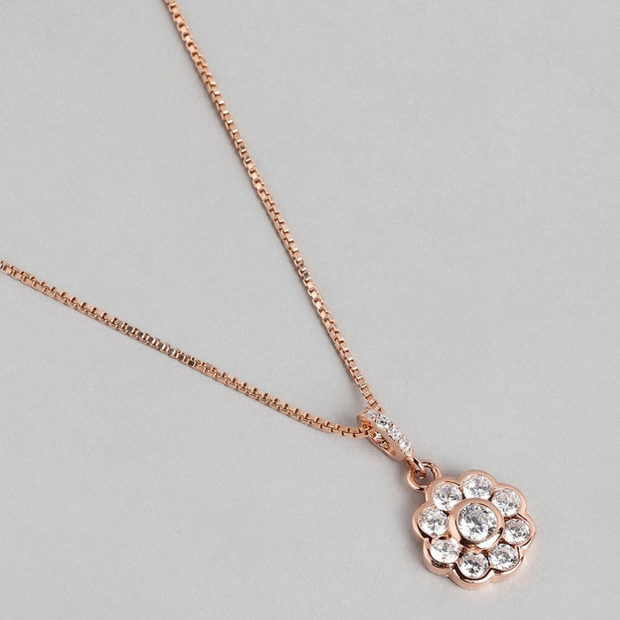 Radiant Rose Gold Blooming Blossom CZ Sterling Silver Pendant with Chain
