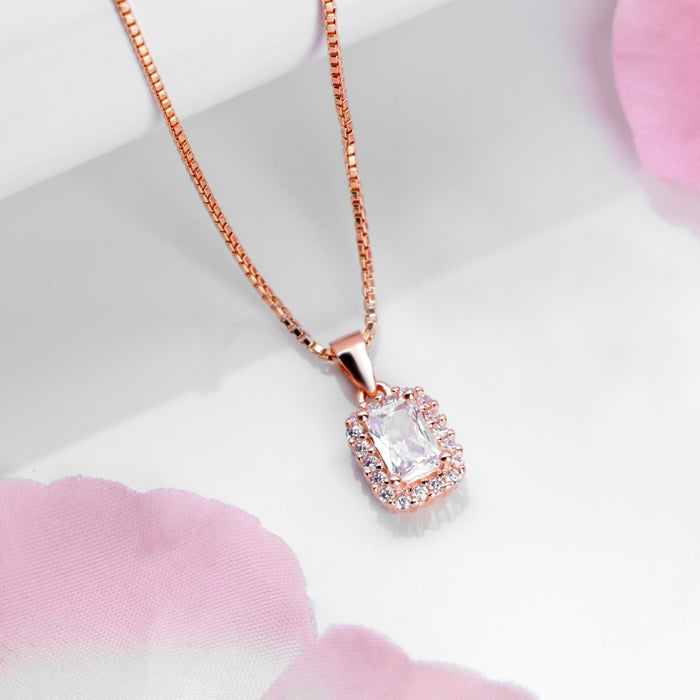 Radiant Rose Gold Drop Rectangle 925 Sterling Silver Pendant with Chain