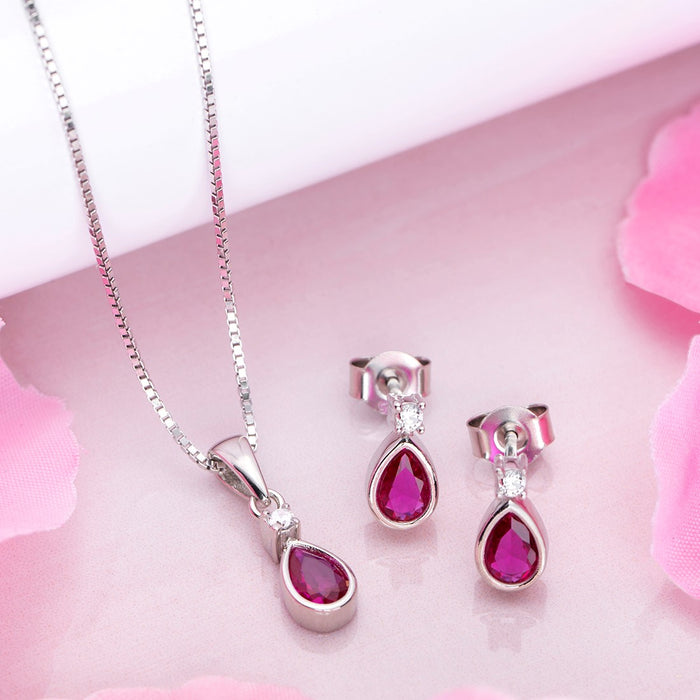 Radiant Rouge 925 Sterling Silver Rhodium-Plated Red Solitaire Jewelry Set
