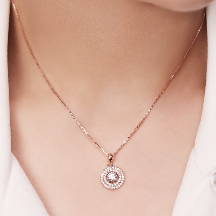 Radiant Solitaire Circle Rose Gold-Plated 925 Sterling Silver Pendant with Chain