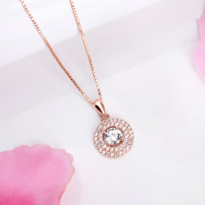 Radiant Solitaire Circle Rose Gold-Plated 925 Sterling Silver Pendant with Chain