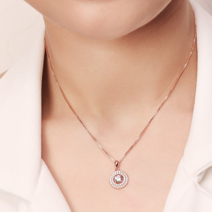 Radiant Solitaire Circle Rose Gold-Plated 925 Sterling Silver Pendant with Chain
