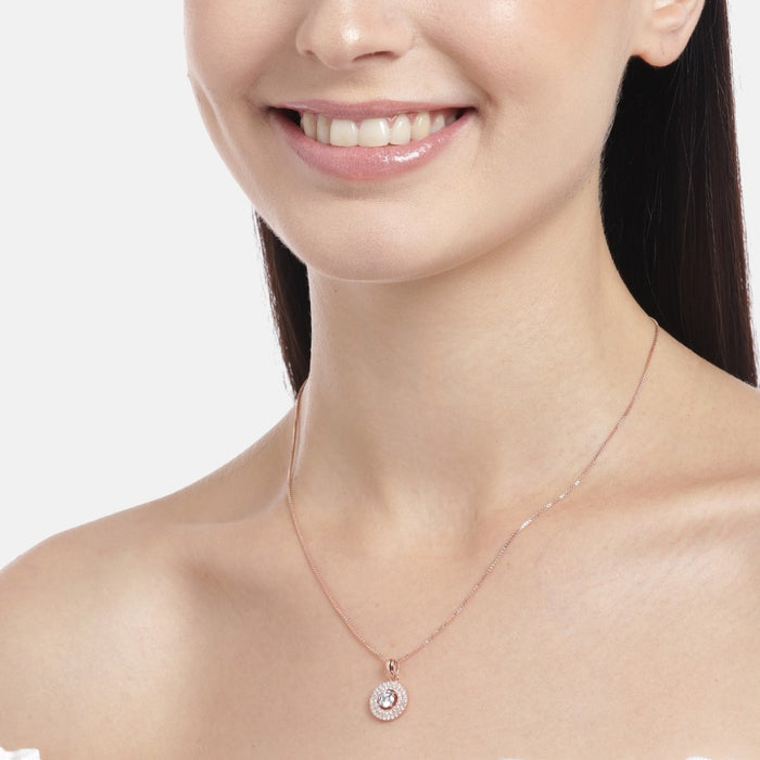 Radiant Solitaire Circle Rose Gold-Plated 925 Sterling Silver Pendant with Chain