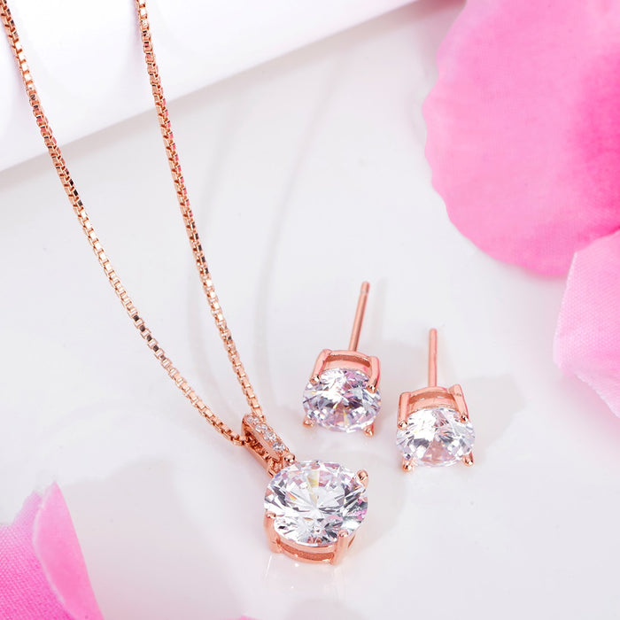 Radiant Solitaire Elegance 925 Sterling Silver Rose Gold-Plated Jewelry Set
