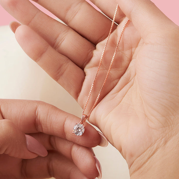 Radiant Sparkle - Solitaire 925 Silver Necklace in Rose Gold