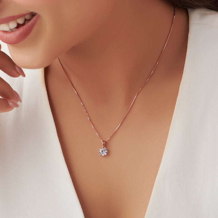 Radiant Sparkle - Solitaire 925 Silver Necklace in Rose Gold