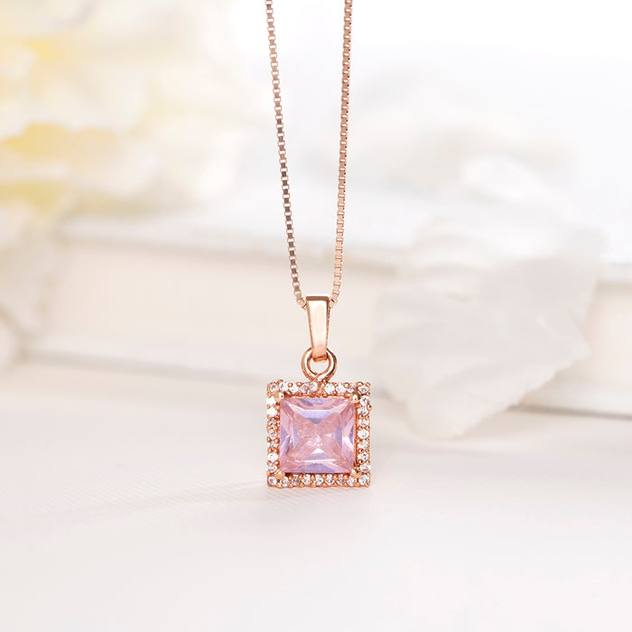 Radiant Square Brilliance Rose Gold-Plated 925 CZ Sterling Silver Pendant with Chain