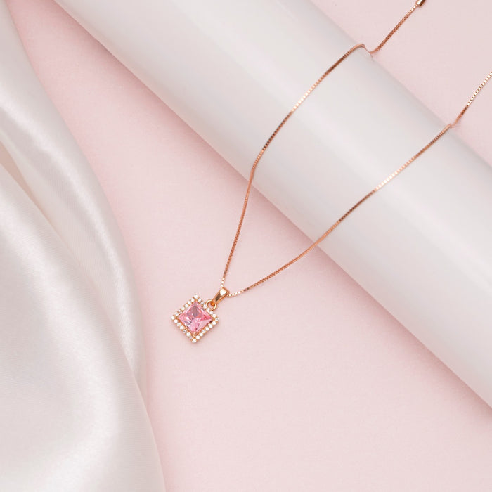 Radiant Square Brilliance Rose Gold-Plated 925 CZ Sterling Silver Pendant with Chain