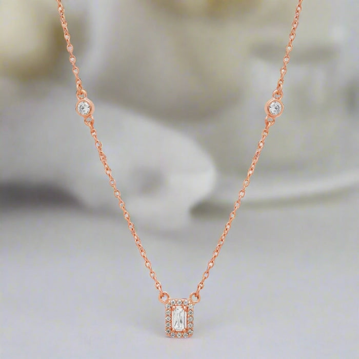 Radiant Square Drop CZ 925 Sterling Silver Rose Gold Plated Necklace with Chain