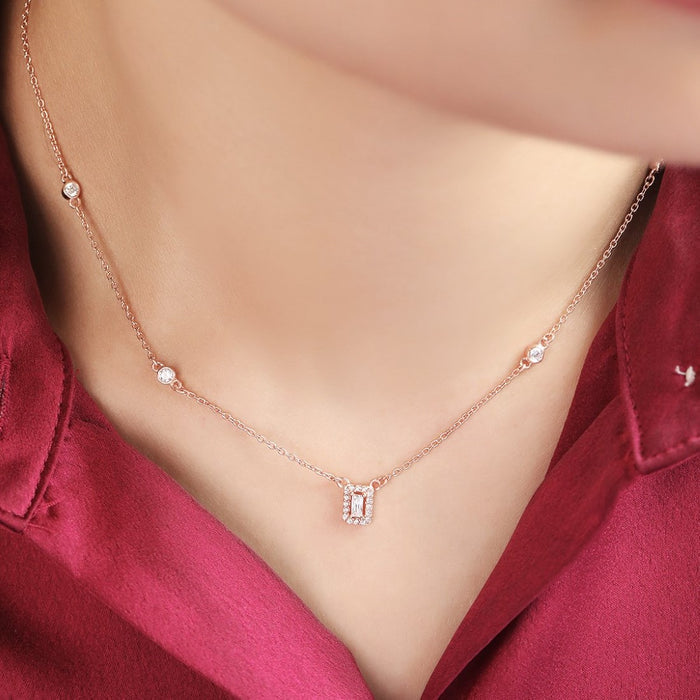 Radiant Square Drop CZ 925 Sterling Silver Rose Gold Plated Necklace with Chain