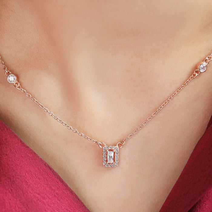 Radiant Square Drop CZ 925 Sterling Silver Rose Gold Plated Necklace with Chain