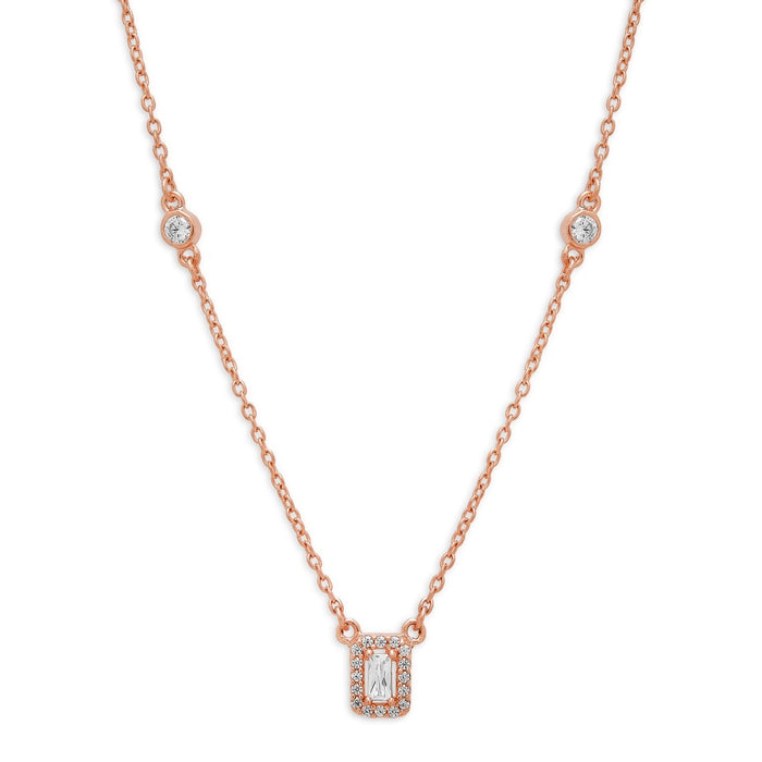 Radiant Square Drop CZ 925 Sterling Silver Rose Gold Plated Necklace with Chain