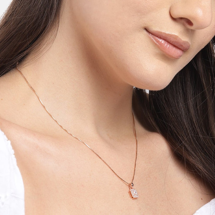 Radiant Square Rose Gold-Plated Square CZ 925 Sterling Silver Pendant with Chain