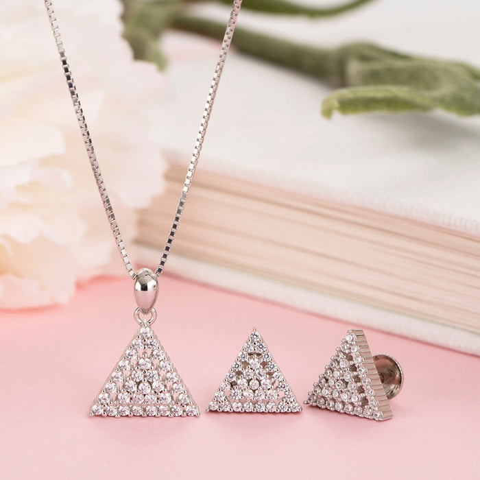 Radiant Triangle Enigma Rhodium-Plated CZ 925 Sterling Silver Jewelry Set