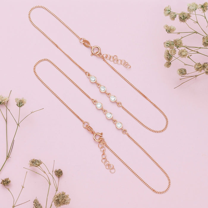 Radiant Whispers CZ Rose Gold Plated 925 Silver Chain Anklet (Adjustable)