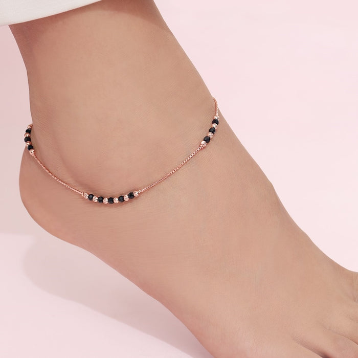 Raven Radiance Black Beads Rose Gold-Plated 925 Sterling Silver Adjustable Chain Anklet