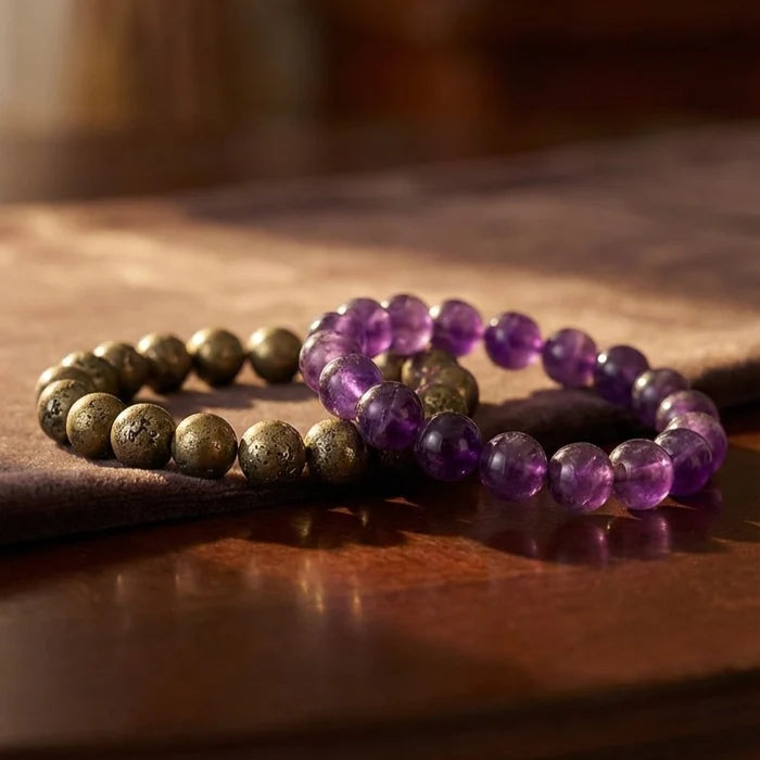 Raw Pyrite Bracelet & Amethyst Bracelet Combo for Confidence and Mental Calm
