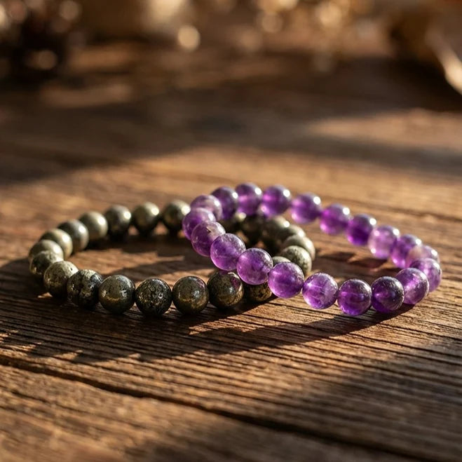 Raw Pyrite Bracelet & Amethyst Bracelet Combo for Confidence and Mental Calm