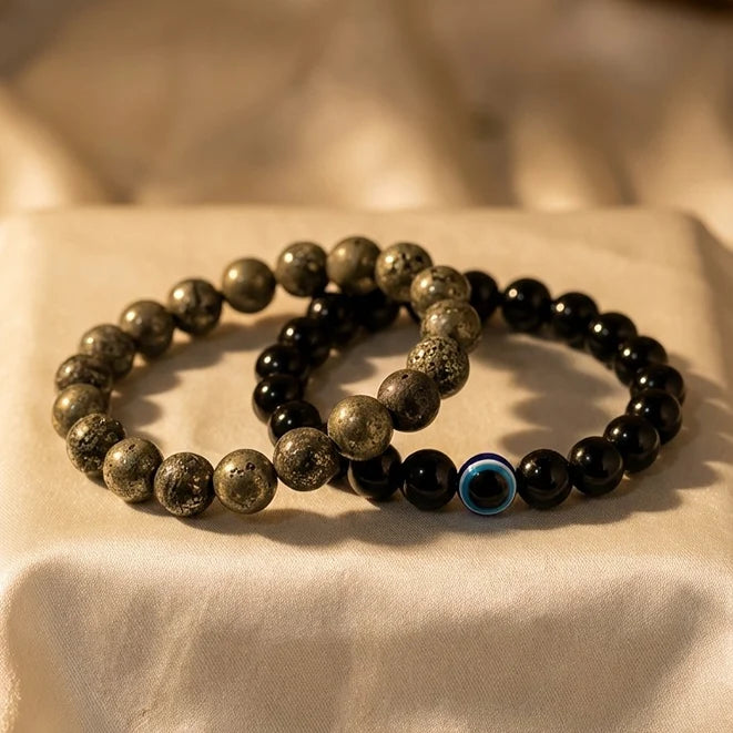 Raw Pyrite Stone Bracelet & Black Obsidian Evil Eye Bracelet Combo