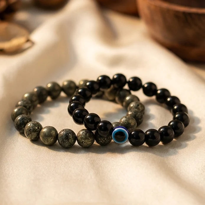 Raw Pyrite Stone Bracelet & Black Obsidian Evil Eye Bracelet Combo