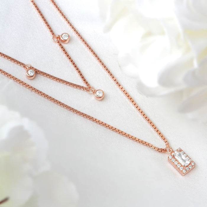 Rectangular CZ Rose Gold Plated 925 Sterling Silver Necklace