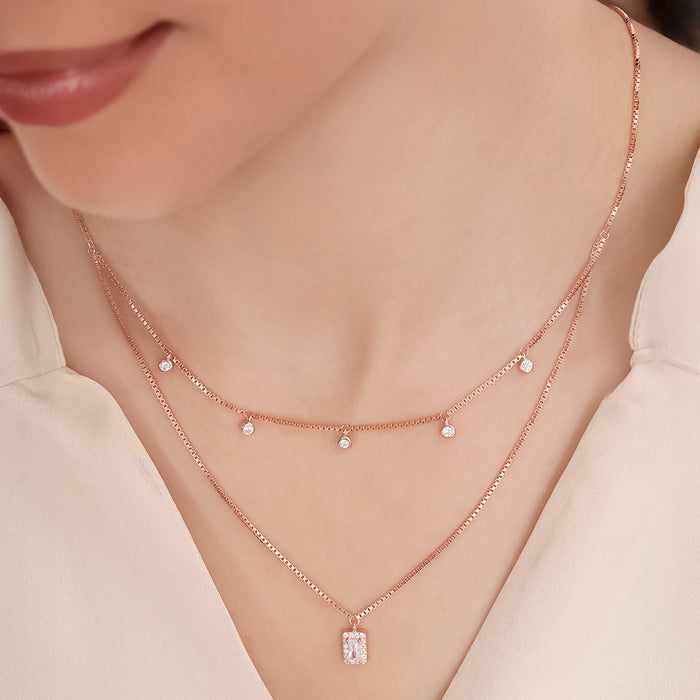 Rectangular CZ Rose Gold Plated 925 Sterling Silver Necklace