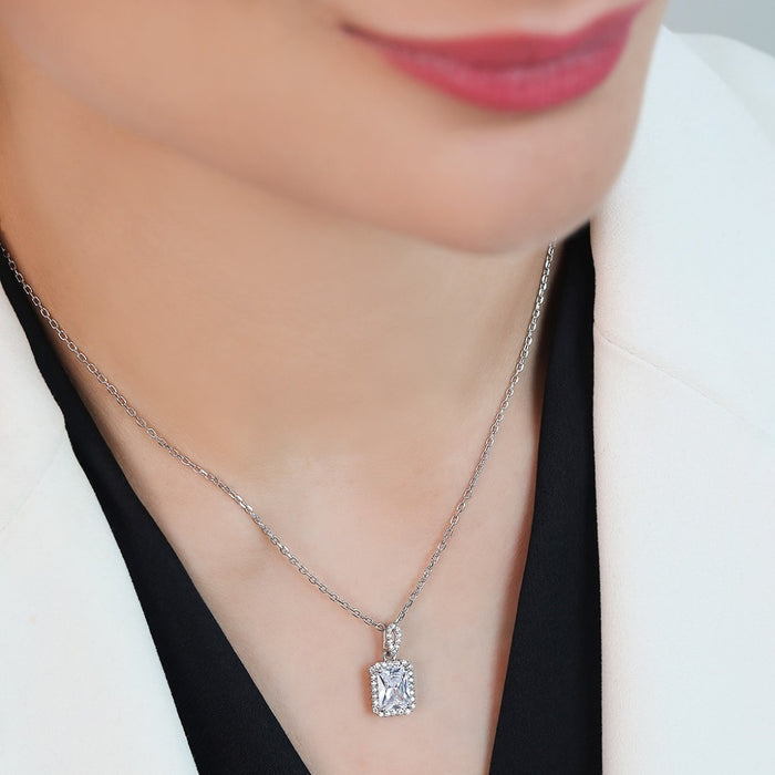 Rectangular Radiance CZ 925 Sterling Silver Rhodium-Plated Pendant with Chain