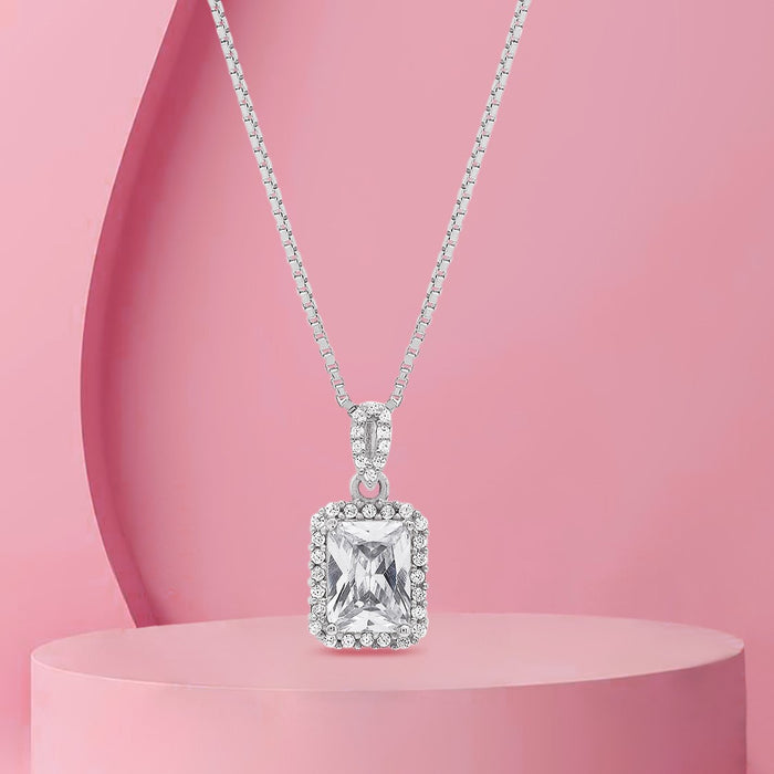 Rectangular Radiance CZ 925 Sterling Silver Rhodium-Plated Pendant with Chain