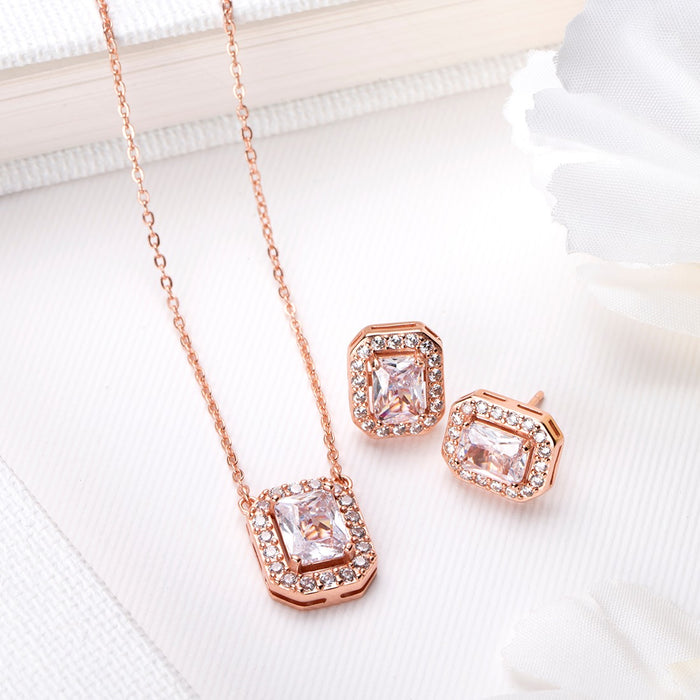 Rectangular Radiance Rose Gold-Plated 925 Sterling Silver Jewelry Set