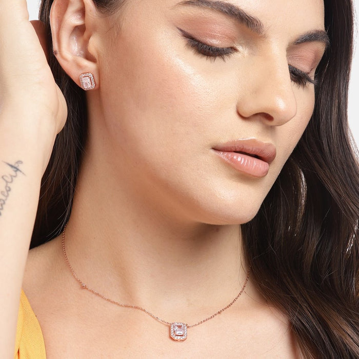 Rectangular Radiance Rose Gold-Plated 925 Sterling Silver Jewelry Set