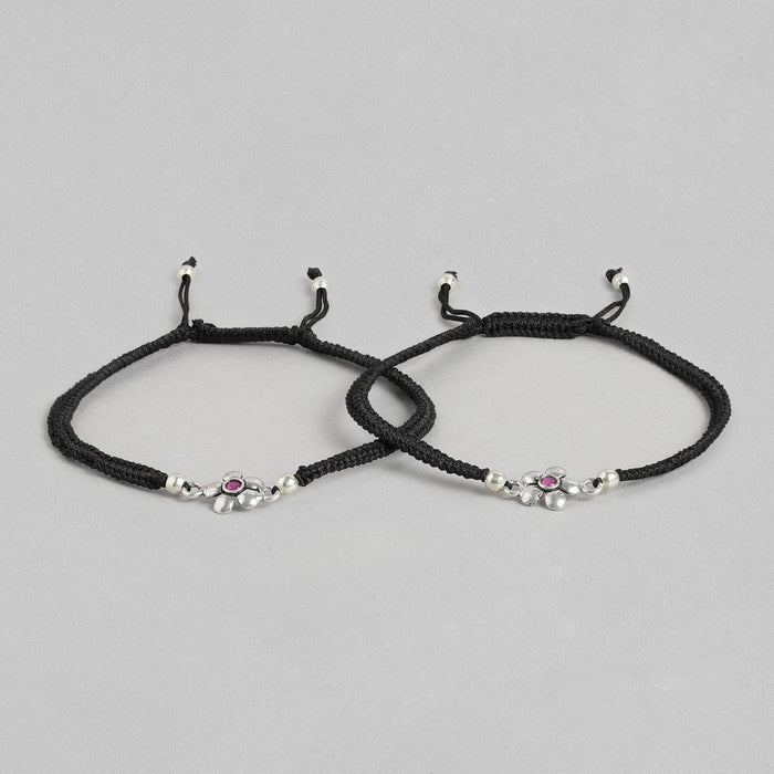 Red Floral Stone Rhodium Plated 925 Sterling Silver Thread Anklet