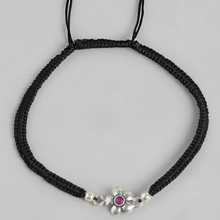 Red Floral Stone Rhodium Plated 925 Sterling Silver Thread Anklet