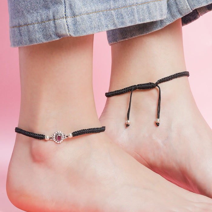 Red Stone Rhodium Plated CZ 925 Sterling Silver Thread Anklet