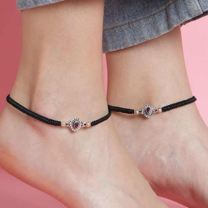 Red Stone Rhodium Plated CZ 925 Sterling Silver Thread Anklet
