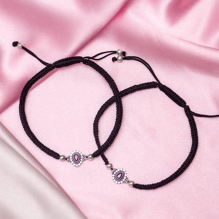 Red Stone Rhodium Plated CZ 925 Sterling Silver Thread Anklet