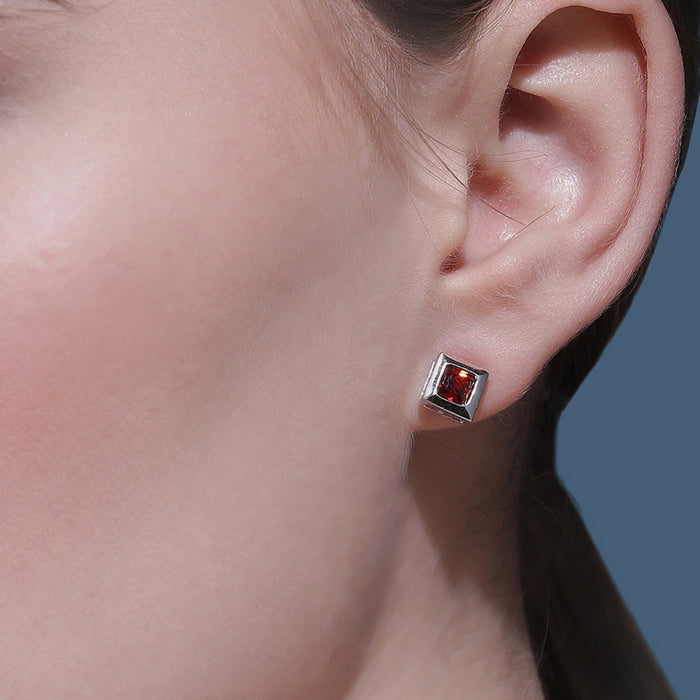 Red Stone Stud 925 Silver Earrings
