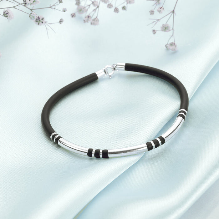 Refined Harmony Rhodium-Plated 925 Sterling Silver With Leather Strap Bracelet for Him