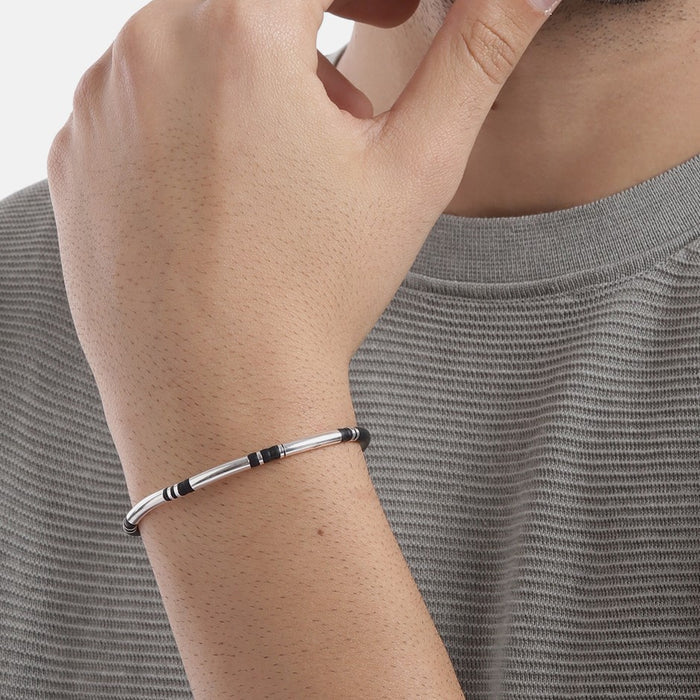 Refined Harmony Rhodium-Plated 925 Sterling Silver With Leather Strap Bracelet for Him